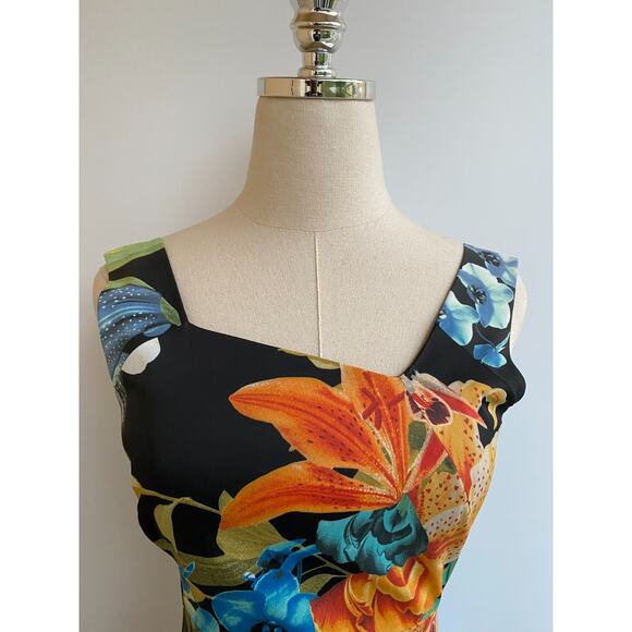 Karen Millen Bright Floral Lily Knee Length Asymmetric Dress US 6 - Picture 2 of 10
